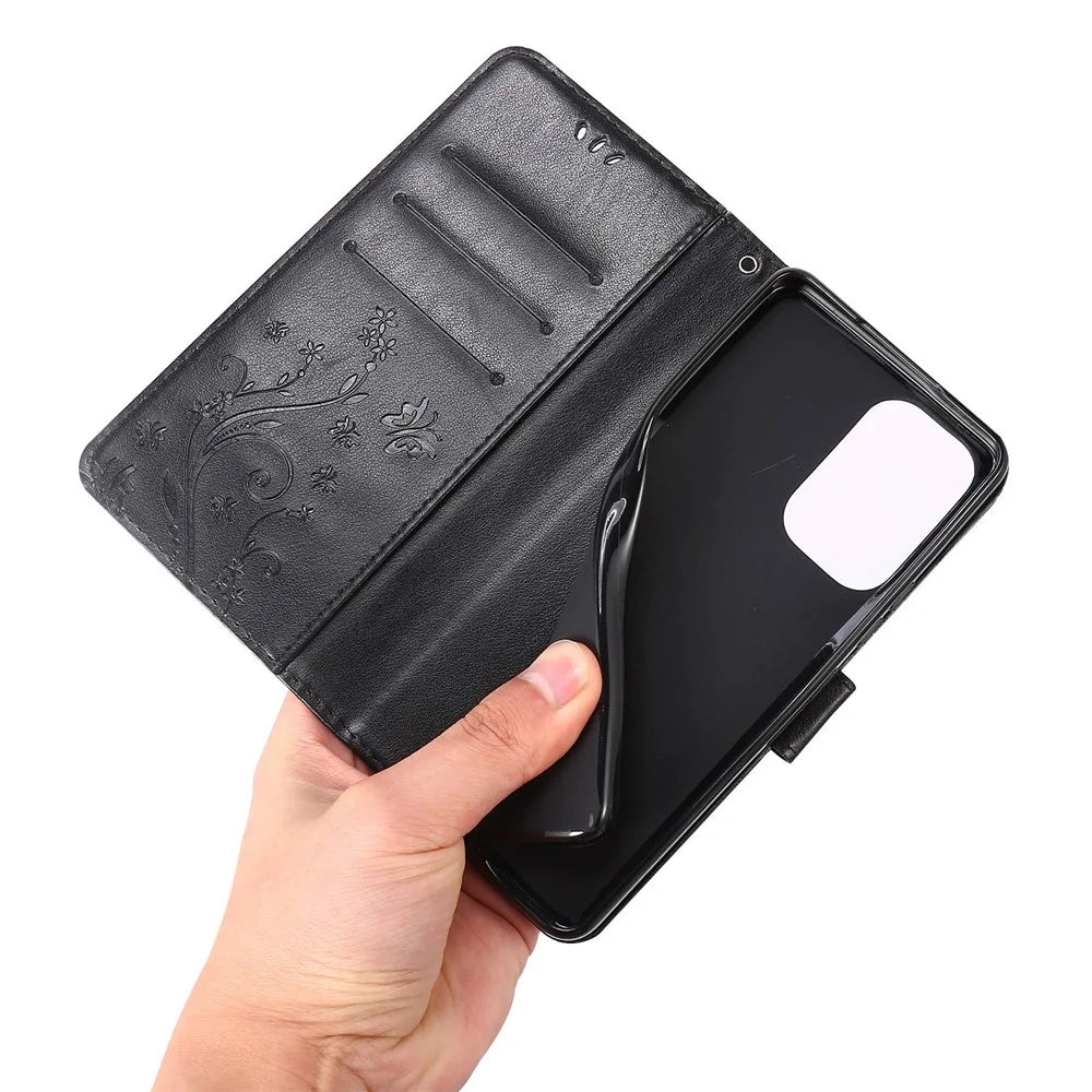 For Samsung Galaxy A73 5G Butterfly Flower Imprinted Wallet Phone Case PU Leather Folio Flip Cover with Stand/Strap - Black - 4