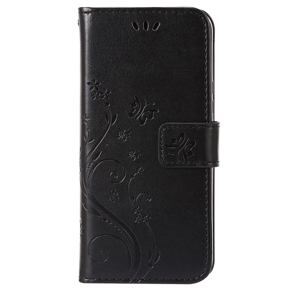 For Samsung Galaxy A73 5G Butterfly Flower Imprinted Wallet Phone Case PU Leather Folio Flip Cover with Stand/Strap - Black - 5