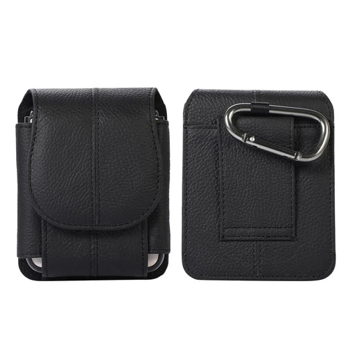 for Galaxy Z Flip3 5G/Huawei P50 Pocket/Motorola Razr 5G Cell Phone Belt Holster Phone Case Cowhide Leather Waist Pack Pouch with Hook - Black - 1