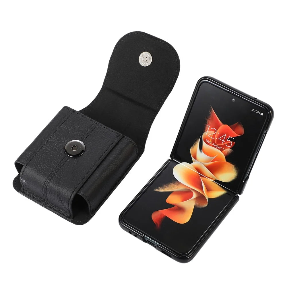 for Galaxy Z Flip3 5G/Huawei P50 Pocket/Motorola Razr 5G Cell Phone Belt Holster Phone Case Cowhide Leather Waist Pack Pouch with Hook - Black - 2