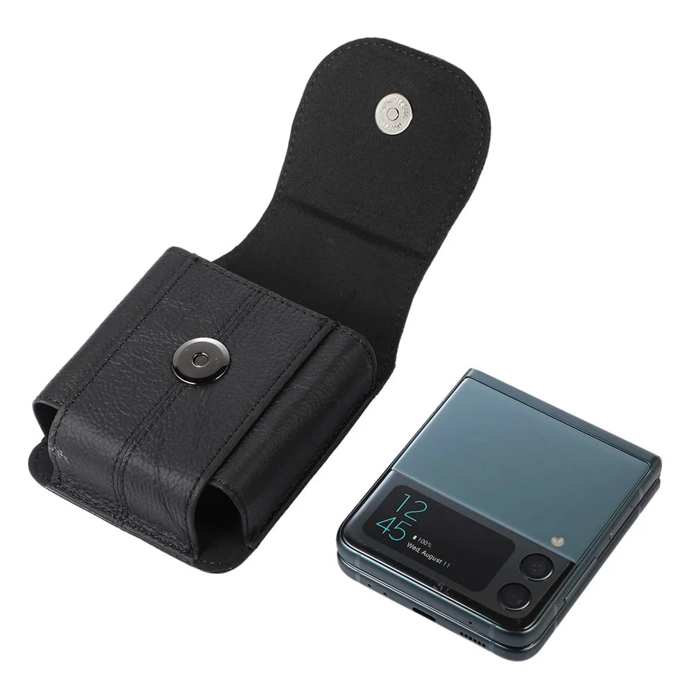 for Galaxy Z Flip3 5G/Huawei P50 Pocket/Motorola Razr 5G Cell Phone Belt Holster Phone Case Cowhide Leather Waist Pack Pouch with Hook - Black - 3
