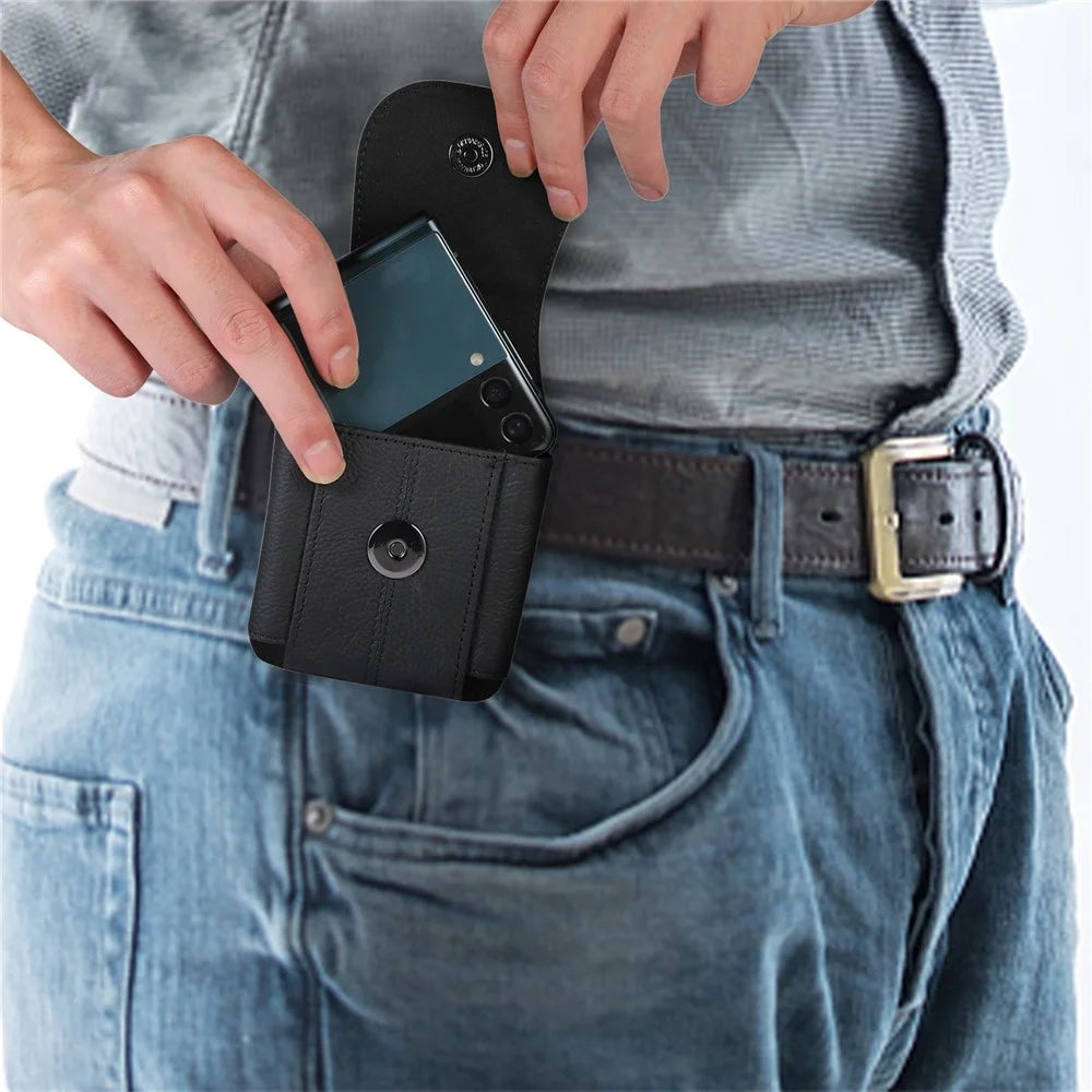 for Galaxy Z Flip3 5G/Huawei P50 Pocket/Motorola Razr 5G Cell Phone Belt Holster Phone Case Cowhide Leather Waist Pack Pouch with Hook - Black - 6