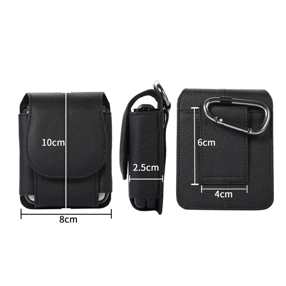 for Galaxy Z Flip3 5G/Huawei P50 Pocket/Motorola Razr 5G Cell Phone Belt Holster Phone Case Cowhide Leather Waist Pack Pouch with Hook - Black - 7