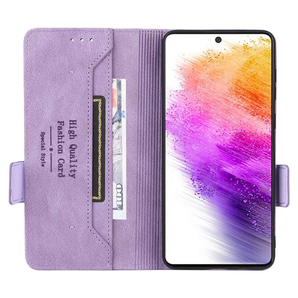 PU Leather Phone Case for Samsung Galaxy A73 5G, Wallet Flip Stand Shockproof TPU Interior Shell Anti-dust Cover - Purple - 3