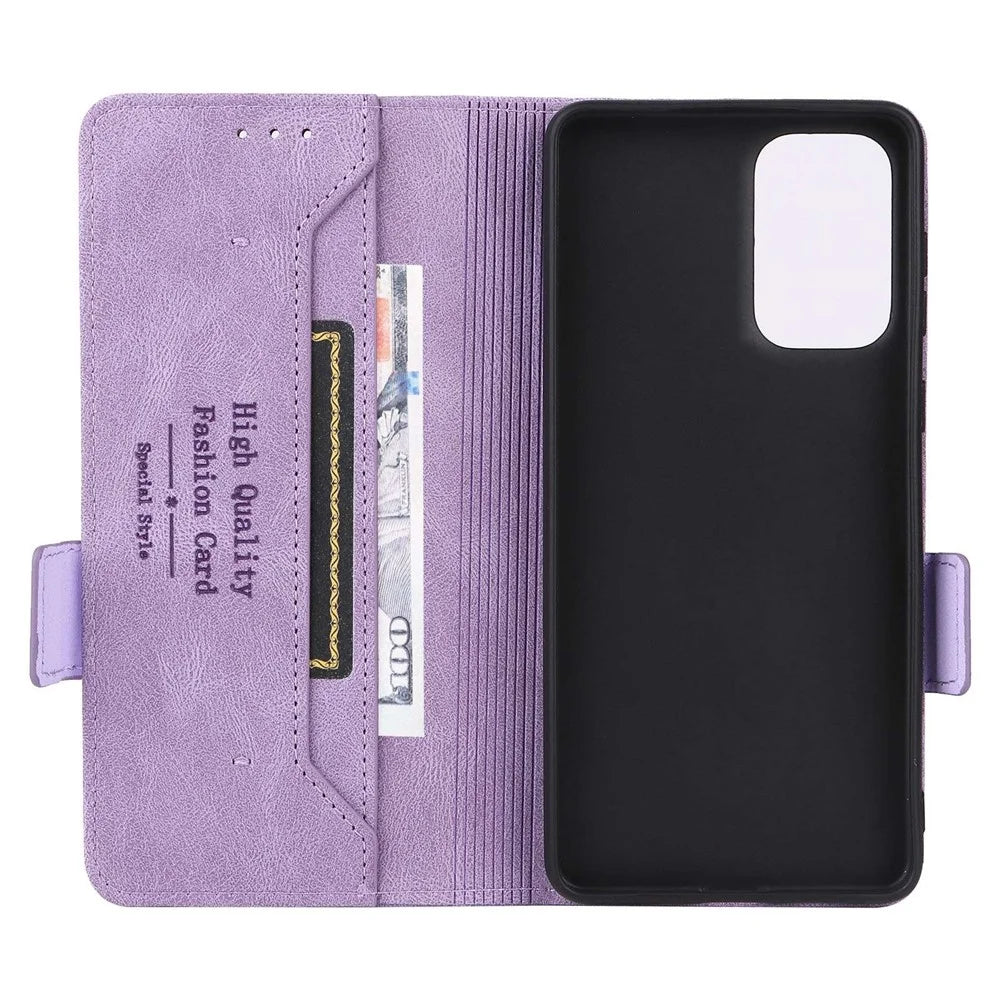PU Leather Phone Case for Samsung Galaxy A73 5G, Wallet Flip Stand Shockproof TPU Interior Shell Anti-dust Cover - Purple - 5