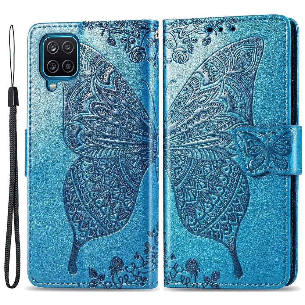 Big Butterfly Imprinting Leather Phone Shell for Samsung Galaxy M33 5G (Global Version), Full Coverage PU Leather Case with Stand Wallet + Handy Strap - Blue - 1