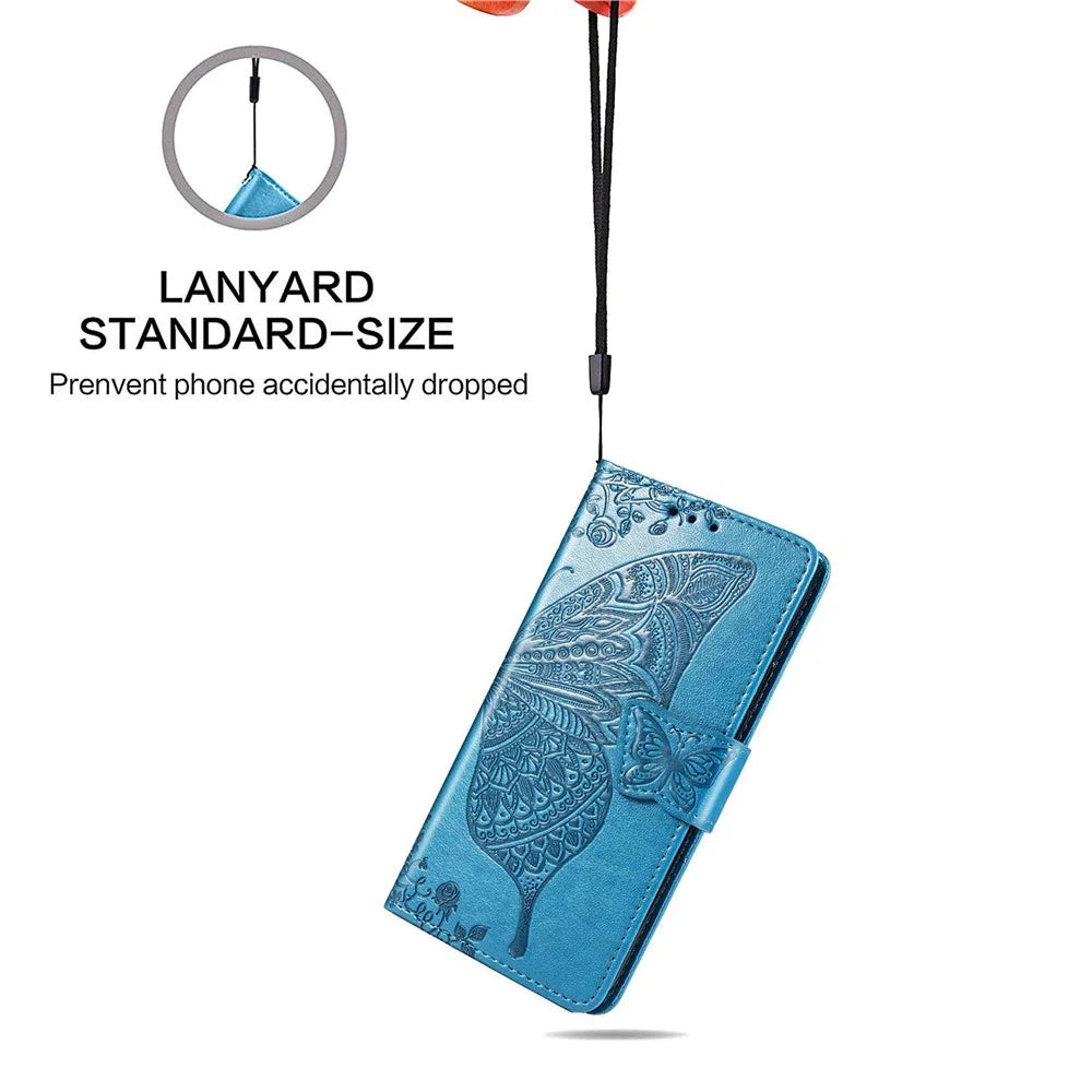 Big Butterfly Imprinting Leather Phone Shell for Samsung Galaxy M33 5G (Global Version), Full Coverage PU Leather Case with Stand Wallet + Handy Strap - Blue - 5