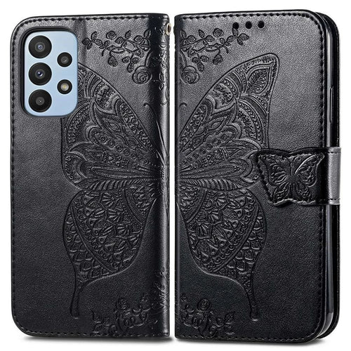 Big Butterfly Imprinting Leather Phone Shell for Samsung Galaxy A23 5G (Global Version), Drop-Prevention PU Leather Stand Wallet Case with Handy Strap - Black - 1