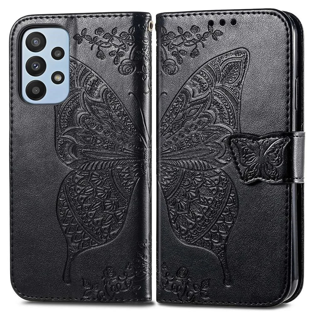 Big Butterfly Imprinting Leather Phone Shell for Samsung Galaxy A23 5G (Global Version), Drop-Prevention PU Leather Stand Wallet Case with Handy Strap - Black - 1