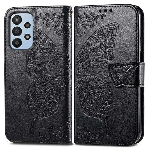 Big Butterfly Imprinting Leather Phone Shell for Samsung Galaxy A23 5G (Global Version), Drop-Prevention PU Leather Stand Wallet Case with Handy Strap - Black - 1