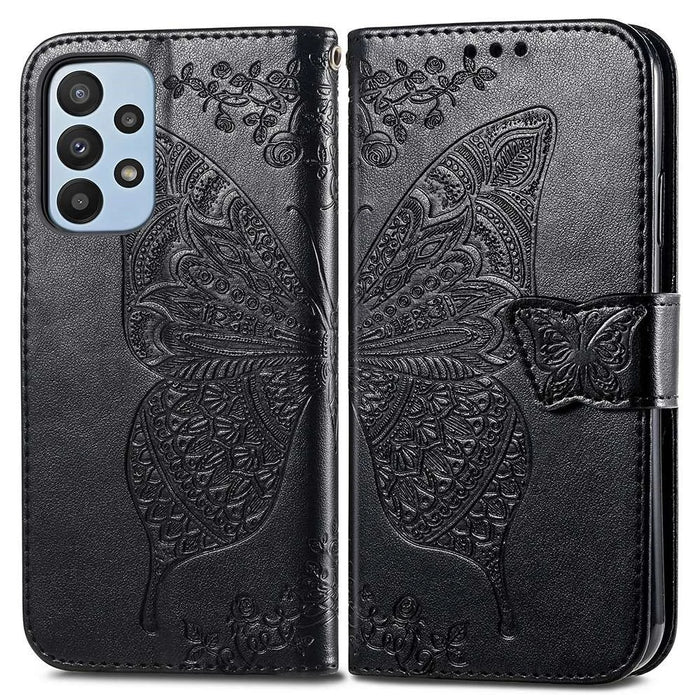 Big Butterfly Imprinting Leather Phone Shell for Samsung Galaxy A23 5G (Global Version), Drop-Prevention PU Leather Stand Wallet Case with Handy Strap - Black - 1