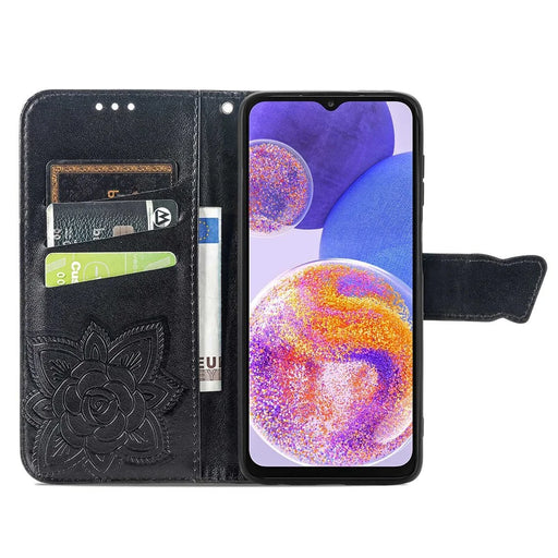 Big Butterfly Imprinting Leather Phone Shell for Samsung Galaxy A23 5G (Global Version), Drop-Prevention PU Leather Stand Wallet Case with Handy Strap - Black - 2