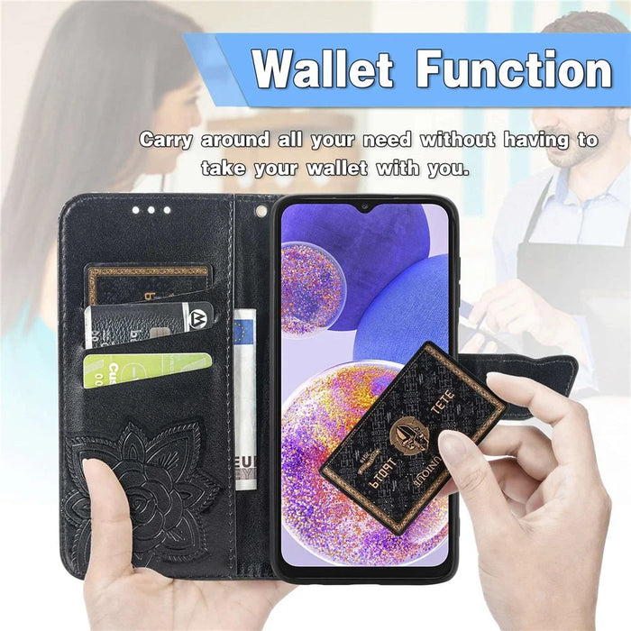 Big Butterfly Imprinting Leather Phone Shell for Samsung Galaxy A23 5G (Global Version), Drop-Prevention PU Leather Stand Wallet Case with Handy Strap - Black - 4