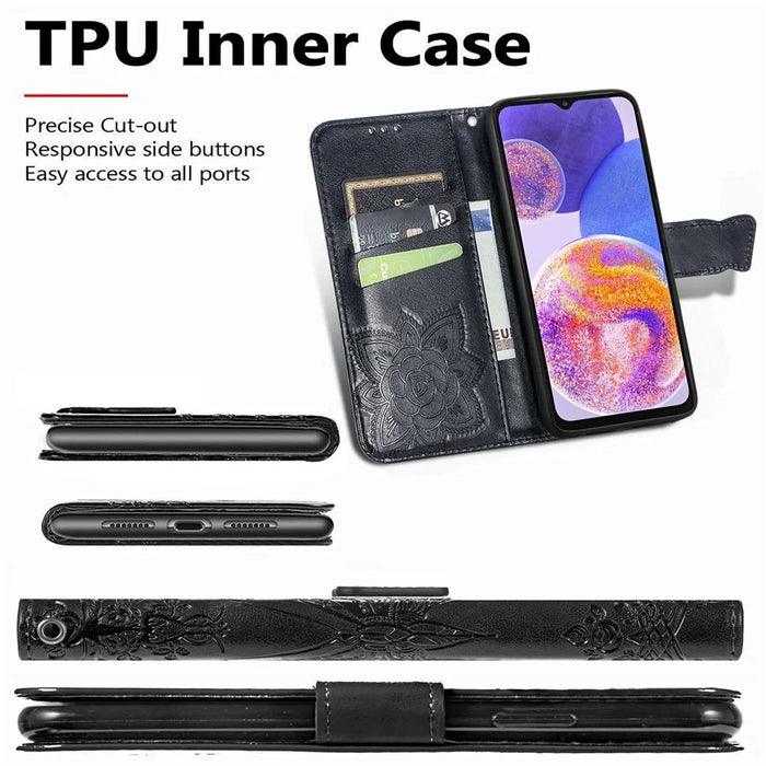 Big Butterfly Imprinting Leather Phone Shell for Samsung Galaxy A23 5G (Global Version), Drop-Prevention PU Leather Stand Wallet Case with Handy Strap - Black - 5
