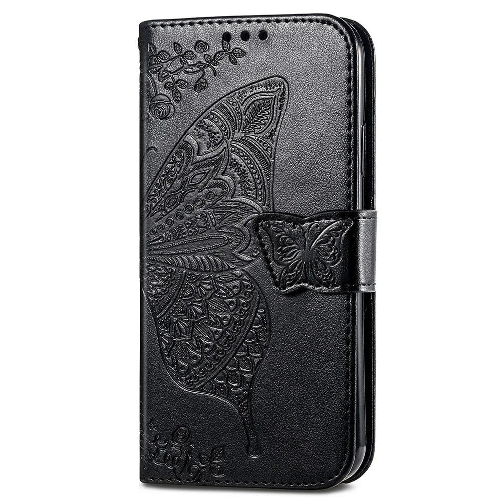 Big Butterfly Imprinting Leather Phone Shell for Samsung Galaxy A23 5G (Global Version), Drop-Prevention PU Leather Stand Wallet Case with Handy Strap - Black - 7