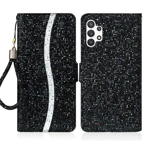 For Samsung Galaxy A13 4G Glittery Sequins Splicing Cover PU Leather Stand Detachable Wrist Strap Flip Wallet Phone Case - Black - 1