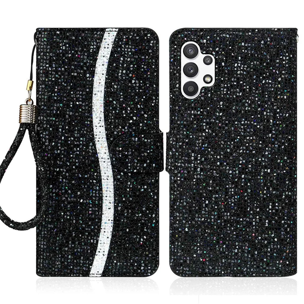 For Samsung Galaxy A13 4G Glittery Sequins Splicing Cover PU Leather Stand Detachable Wrist Strap Flip Wallet Phone Case - Black - 1