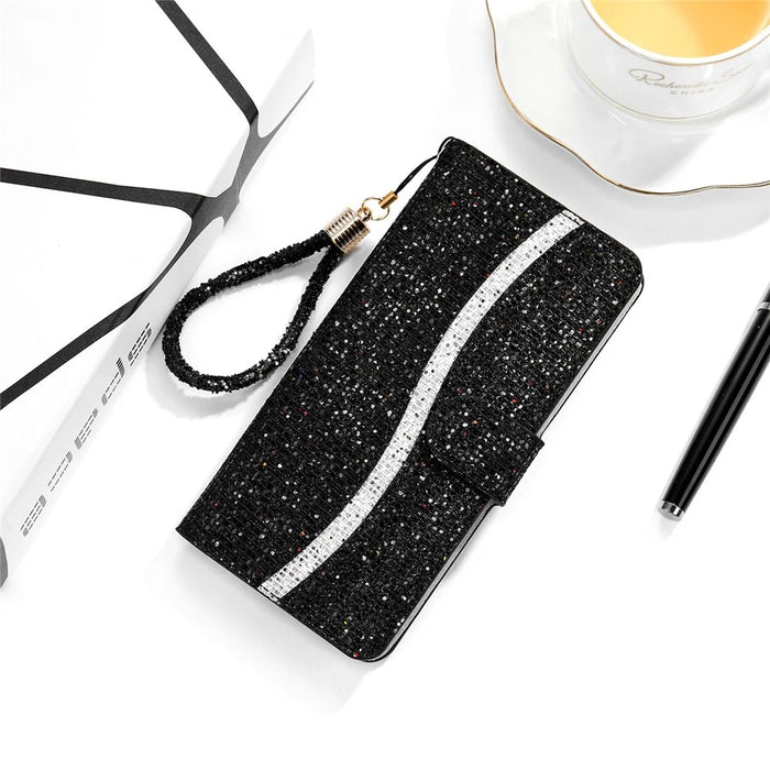 For Samsung Galaxy A13 4G Glittery Sequins Splicing Cover PU Leather Stand Detachable Wrist Strap Flip Wallet Phone Case - Black - 7