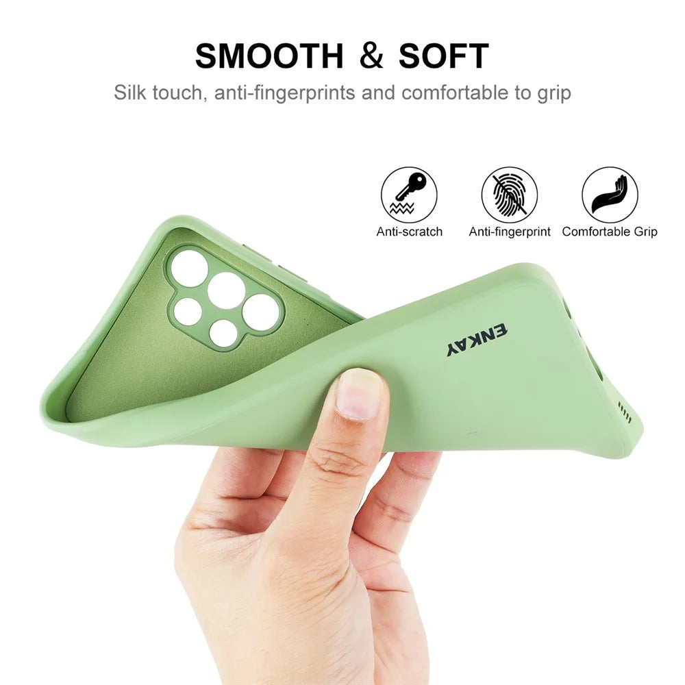 ENKAY HAT PRINCE Liquid Silicone Case for Samsung Galaxy A32 5G/M32 5G, Fingerprint-free Straight Edge Design Camera Protection Lens Protector Cover - Light Green - 3