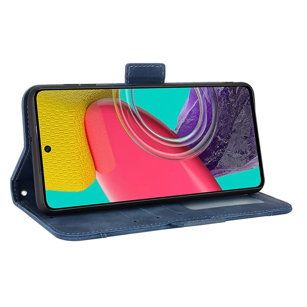 Anti-dust Smartphone Bag Case for Samsung Galaxy M53 5G, Magnetic Flip Wallet Style Stand Shockproof PU Leather Phone Cover - Blue - 3