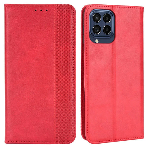 Phone Cover for Samsung Galaxy M33 5G (Global Version), Well-protected Anti-scratch Auto-Absorbed Retro Surface Wallet Stand Leather Phone Accessory - Red - 1