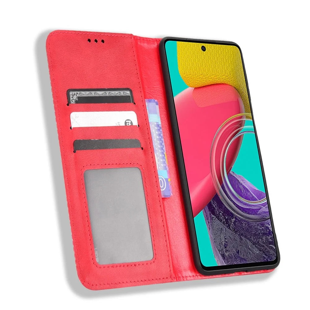 Phone Cover for Samsung Galaxy M33 5G (Global Version), Well-protected Anti-scratch Auto-Absorbed Retro Surface Wallet Stand Leather Phone Accessory - Red - 2