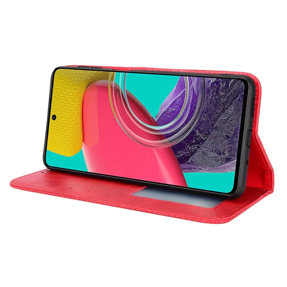 Phone Cover for Samsung Galaxy M33 5G (Global Version), Well-protected Anti-scratch Auto-Absorbed Retro Surface Wallet Stand Leather Phone Accessory - Red - 3
