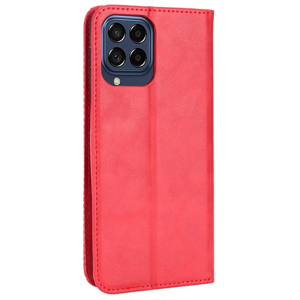 Phone Cover for Samsung Galaxy M33 5G (Global Version), Well-protected Anti-scratch Auto-Absorbed Retro Surface Wallet Stand Leather Phone Accessory - Red - 6