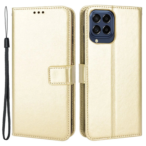 For Samsung Galaxy M33 5G (Global Version) Crazy Horse Texture Wallet Flip Cover PU Leather TPU Inner Shell Magnetic Closure Stand Function Folio Case with Strap - Gold - 1