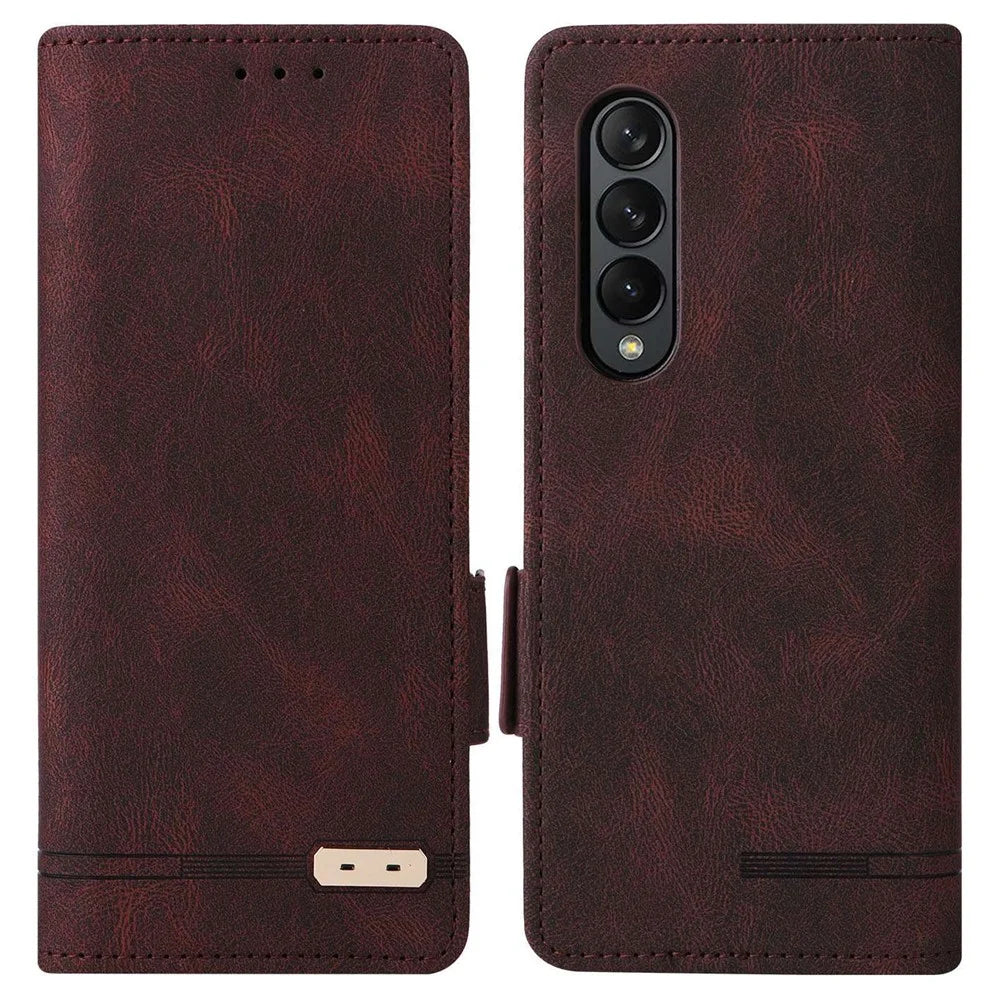 For Samsung Galaxy Z Fold3 5G Hardware Design PU Leather Case Wallet Stand Double Magnetic Clasp Phone Cover - Coffee - 1