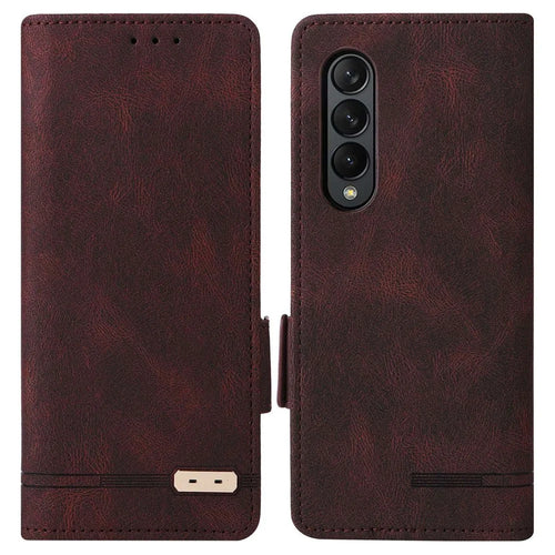 For Samsung Galaxy Z Fold3 5G Hardware Design PU Leather Case Wallet Stand Double Magnetic Clasp Phone Cover - Coffee - 1