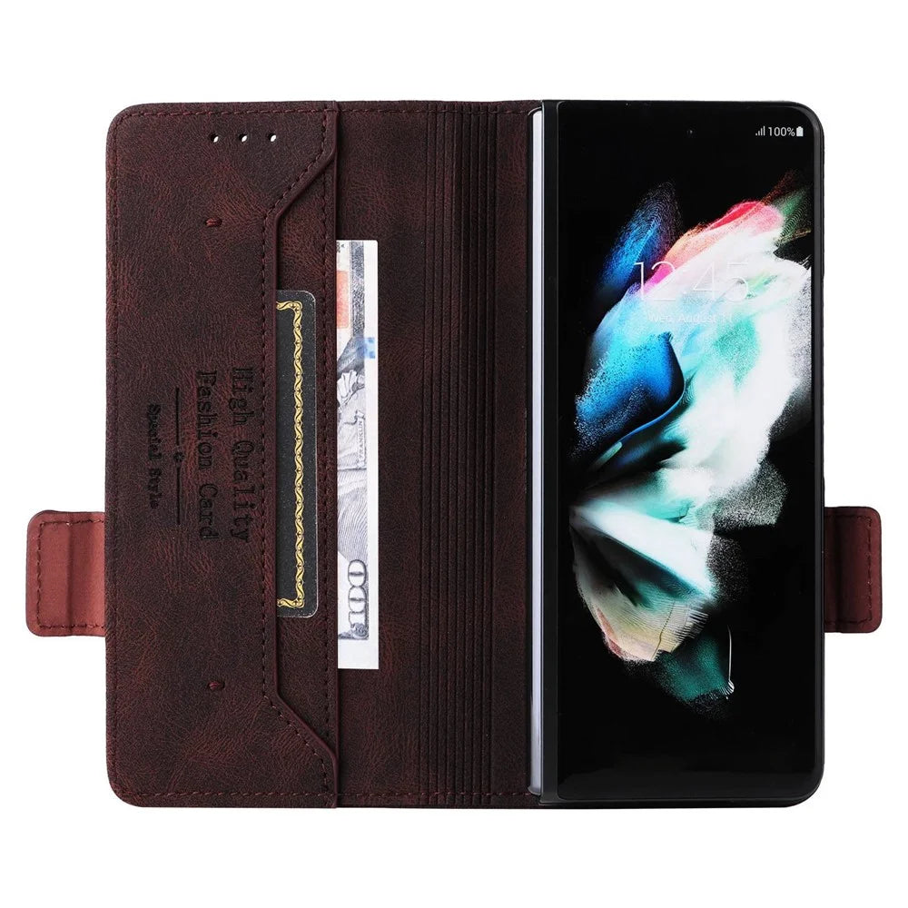 For Samsung Galaxy Z Fold3 5G Hardware Design PU Leather Case Wallet Stand Double Magnetic Clasp Phone Cover - Coffee - 2