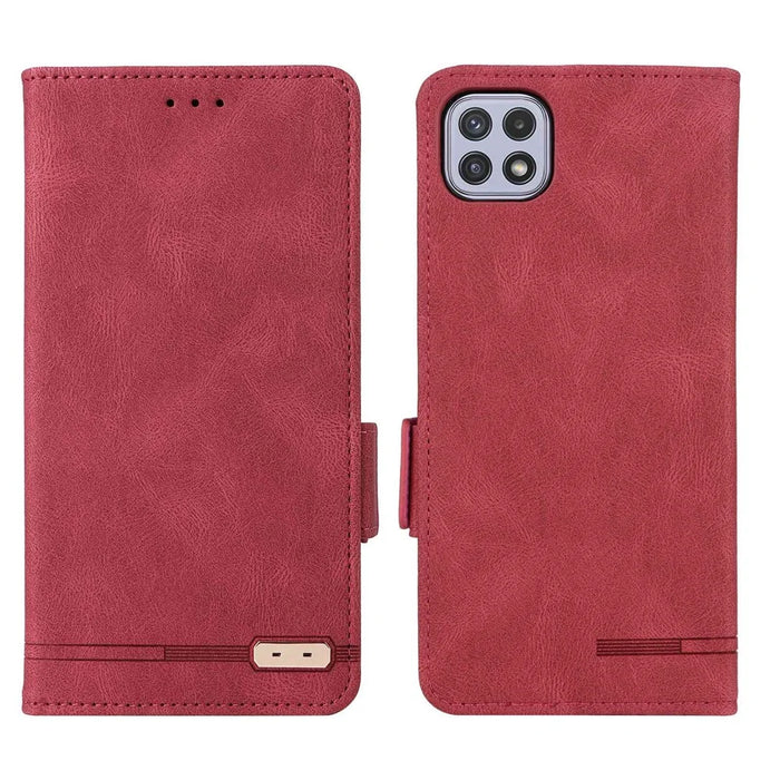 For Samsung Galaxy A22 5G (EU Version) Anti-scratch PU Leather Phone Case Hardware Design Smartphone Cover with Wallet Stand - Rose - 1