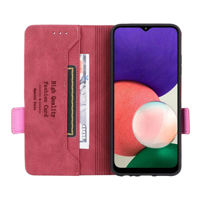 For Samsung Galaxy A22 5G (EU Version) Anti-scratch PU Leather Phone Case Hardware Design Smartphone Cover with Wallet Stand - Rose - 5
