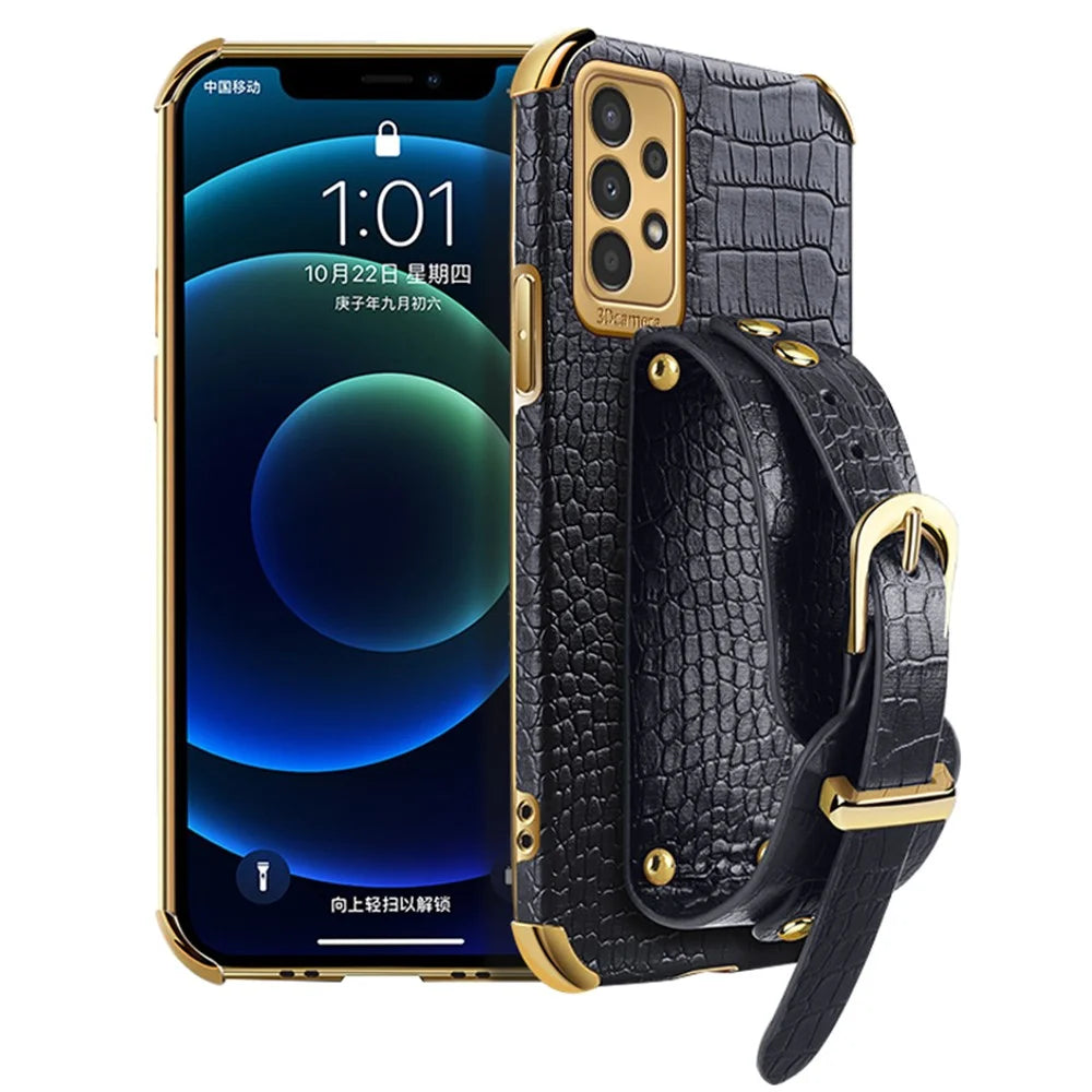 For Samsung Galaxy A13 4G Shockproof Electroplated Crocodile Texture Phone Case Anti-scratch Protective Cellphone Cover PU Leather Coated TPU Shell with Hand Strap Kickstand - Black - 1