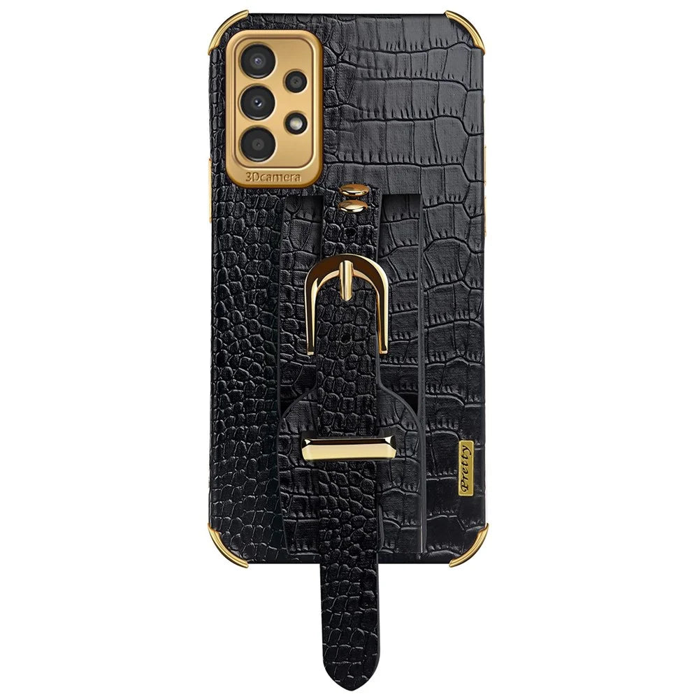 For Samsung Galaxy A13 4G Shockproof Electroplated Crocodile Texture Phone Case Anti-scratch Protective Cellphone Cover PU Leather Coated TPU Shell with Hand Strap Kickstand - Black - 2