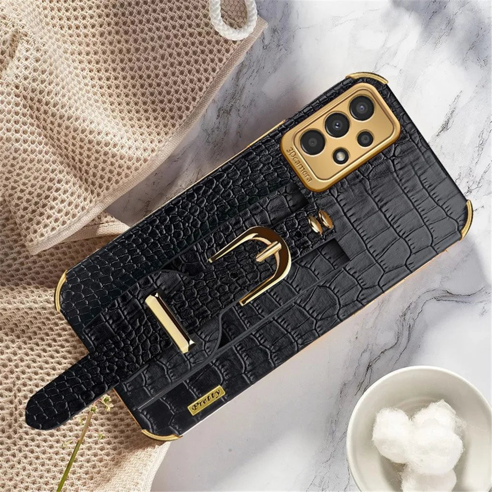 For Samsung Galaxy A13 4G Shockproof Electroplated Crocodile Texture Phone Case Anti-scratch Protective Cellphone Cover PU Leather Coated TPU Shell with Hand Strap Kickstand - Black - 4