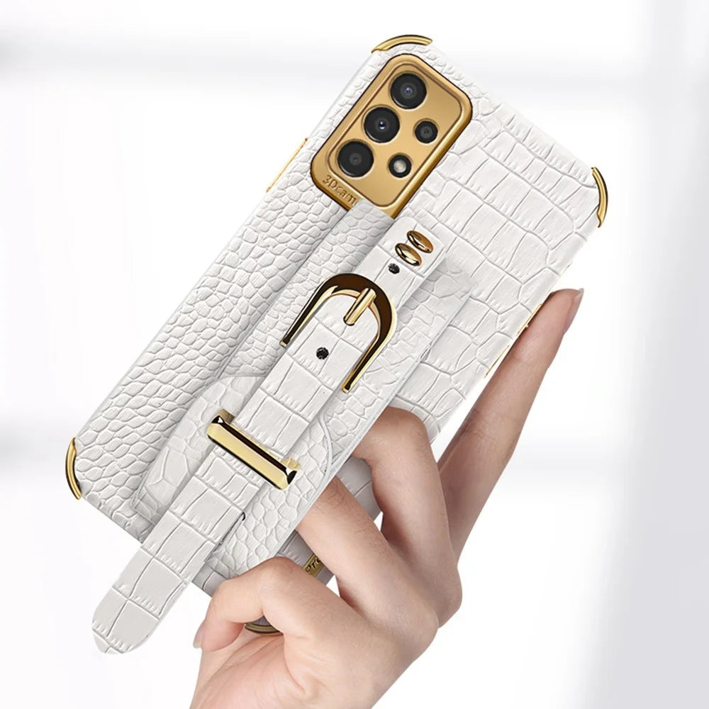 For Samsung Galaxy A13 4G Shockproof Electroplated Crocodile Texture Phone Case Anti-scratch Protective Cellphone Cover PU Leather Coated TPU Shell with Hand Strap Kickstand - Black - 5