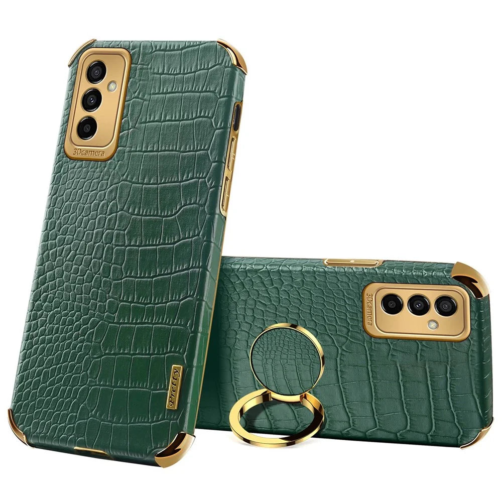 For Samsung Galaxy M23 5G/F23 5G Shockproof Phone Cover Crocodile Texture Kickstand Electroplated Finger Ring Holder PU Leather Coated TPU Anti-scratch Phone Case - Green - 1
