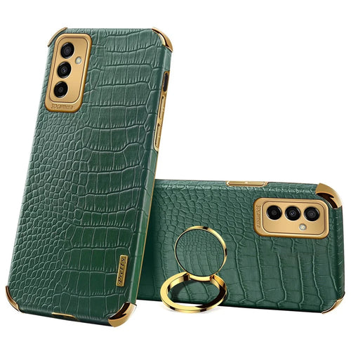 For Samsung Galaxy M23 5G/F23 5G Shockproof Phone Cover Crocodile Texture Kickstand Electroplated Finger Ring Holder PU Leather Coated TPU Anti-scratch Phone Case - Green - 1