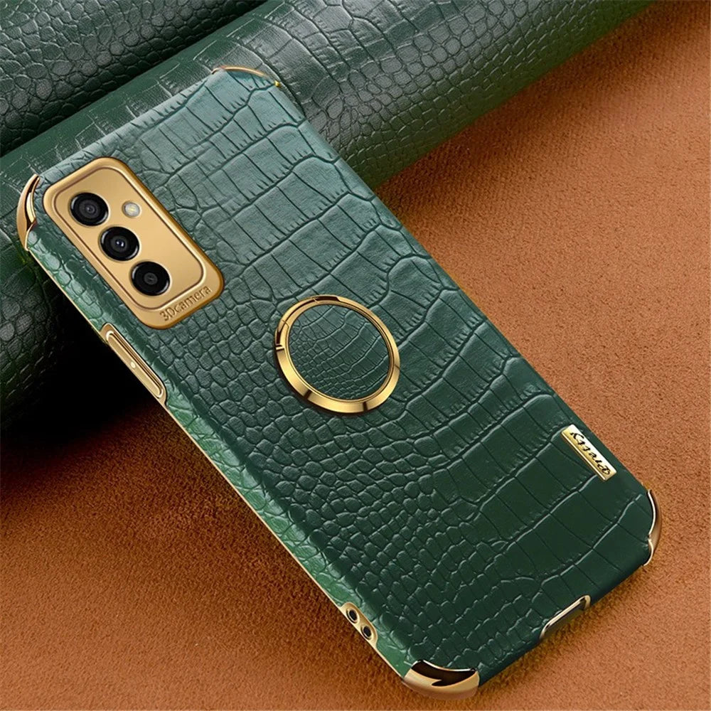 For Samsung Galaxy M23 5G/F23 5G Shockproof Phone Cover Crocodile Texture Kickstand Electroplated Finger Ring Holder PU Leather Coated TPU Anti-scratch Phone Case - Green - 2
