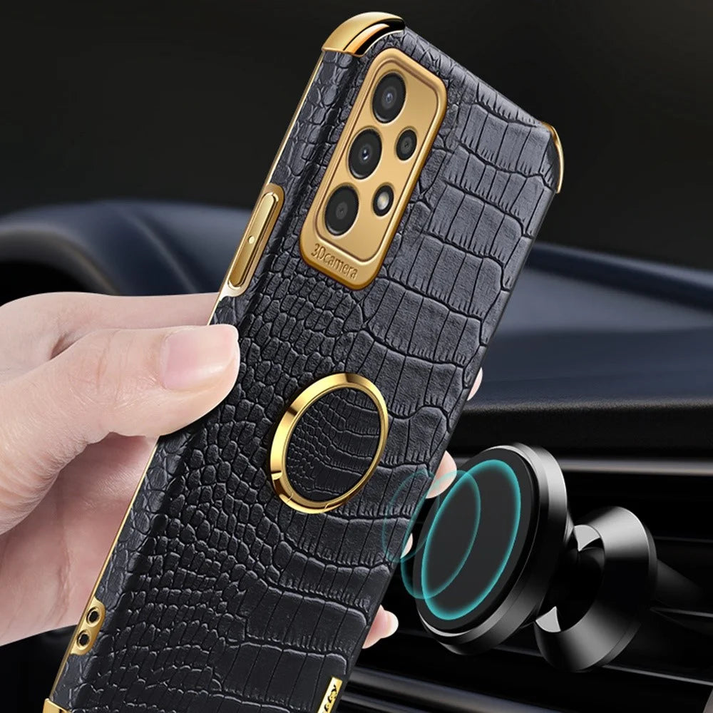 For Samsung Galaxy A13 4G Phone Case with Ring Holder Kickstand Anti-drop Precise Cutout Crocodile Texture Leather Coated TPU 6D Electroplated Scratch Resistant Shell - Black - 3