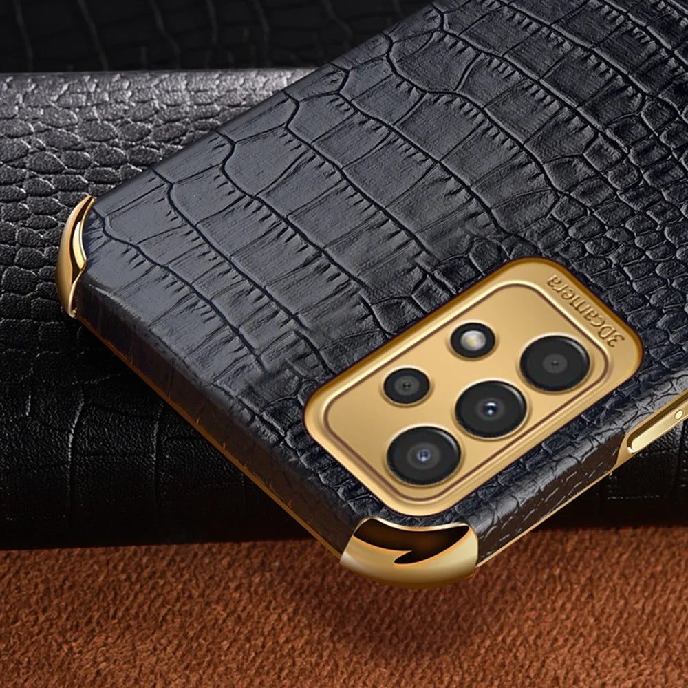For Samsung Galaxy A13 4G Phone Case with Ring Holder Kickstand Anti-drop Precise Cutout Crocodile Texture Leather Coated TPU 6D Electroplated Scratch Resistant Shell - Black - 4