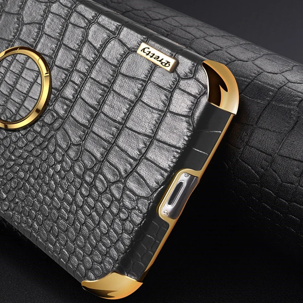 For Samsung Galaxy A13 4G Phone Case with Ring Holder Kickstand Anti-drop Precise Cutout Crocodile Texture Leather Coated TPU 6D Electroplated Scratch Resistant Shell - Black - 6