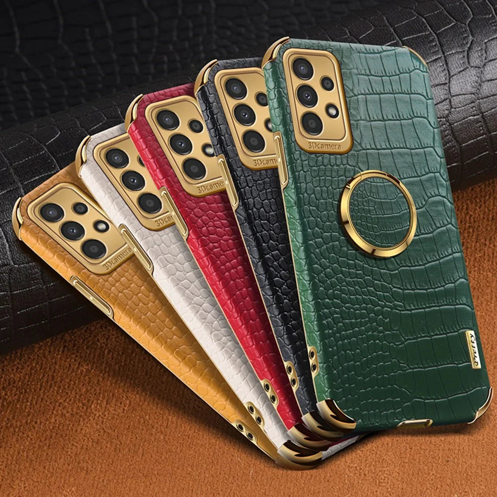 For Samsung Galaxy A13 4G Phone Case with Ring Holder Kickstand Anti-drop Precise Cutout Crocodile Texture Leather Coated TPU 6D Electroplated Scratch Resistant Shell - Black - 7