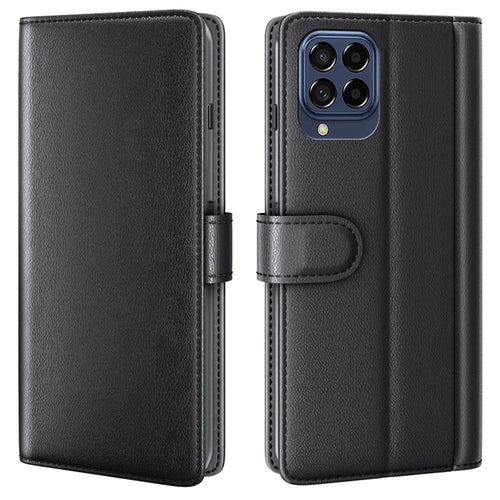 For Samsung Galaxy M33 5G (Global) Case Genuine Split Leather Phone Cover with Wallet Stand - Black - 1