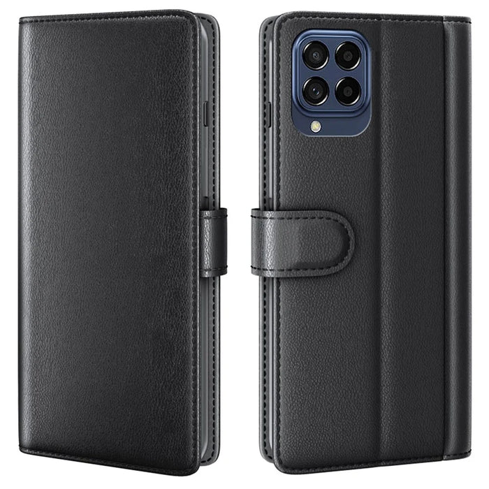 For Samsung Galaxy M33 5G (Global) Case Genuine Split Leather Phone Cover with Wallet Stand - Black - 1