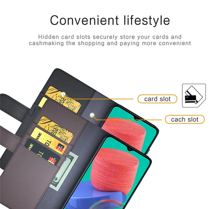 For Samsung Galaxy M33 5G (Global) Case Genuine Split Leather Phone Cover with Wallet Stand - Black - 5