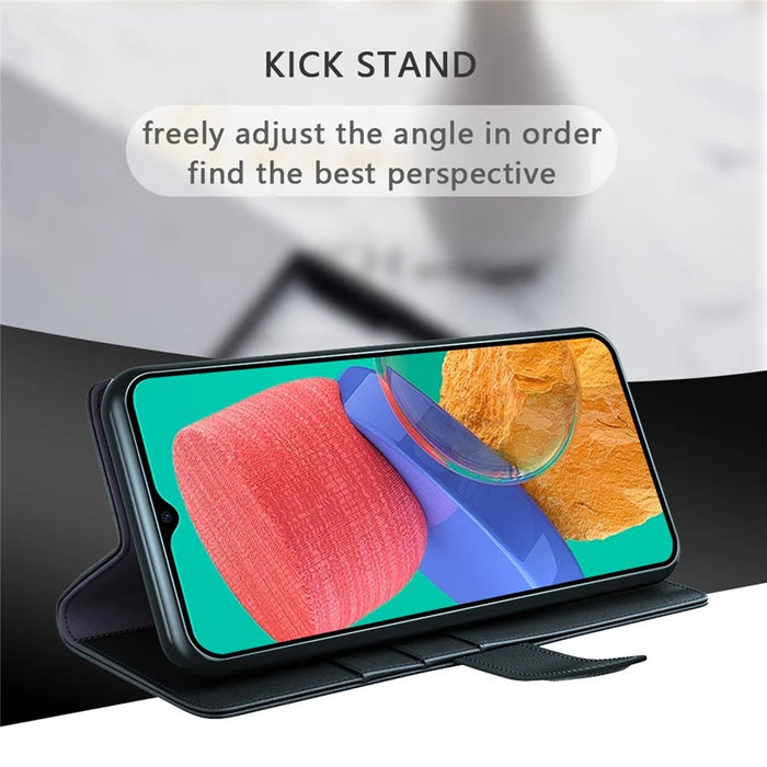 For Samsung Galaxy M33 5G (Global) Case Genuine Split Leather Phone Cover with Wallet Stand - Black - 6