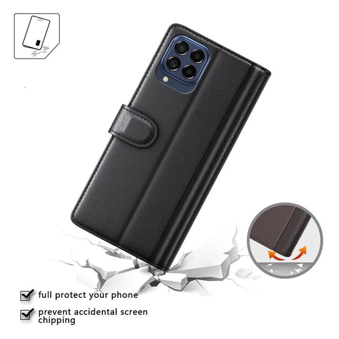 For Samsung Galaxy M33 5G (Global) Case Genuine Split Leather Phone Cover with Wallet Stand - Black - 7